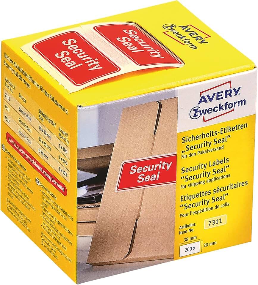 AVERY Zweckform Sicherheitssiegel VOID 7311 Security Seal (leuchtrot, 38 x 20 mm, 200 Stück auf Rolle) im Kartonspender