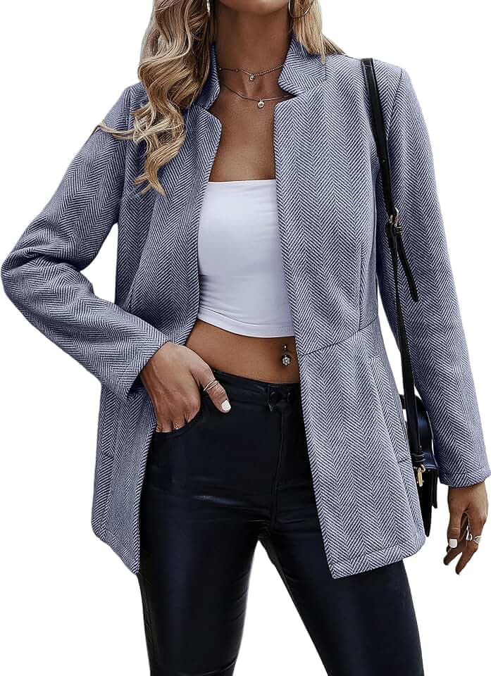 Jhsnjnr Damen Offen Vorne Elegant Blazer Langarm Stehkragen Wärmen Long Sakko Mantel Business Tweed Anzug Jacke