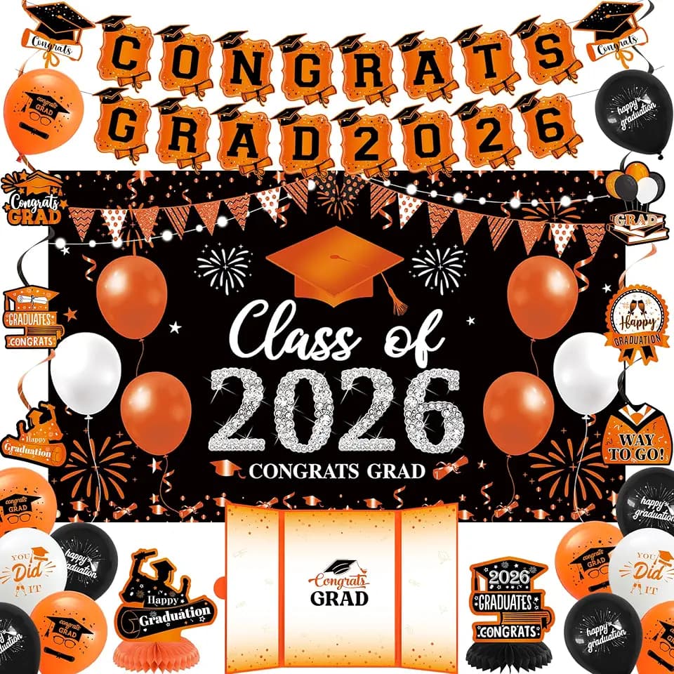 Vlipoeasn Orange 2026 Graduation Party Decorations Black Orange 2026 College/High School Graduation Decorations Party Supplies, Orange Class of 2026 Congrats Grad Backdrop Banner Signature Book