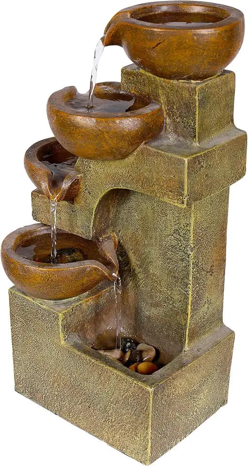 Alpine Corporation WCT726 | 16"H Indoor/Outdoor Tabletop Tiered Pouring Pots Waterfall Fountain — Natural Stone-Look Finish Adds Rustic Charm — Brown
