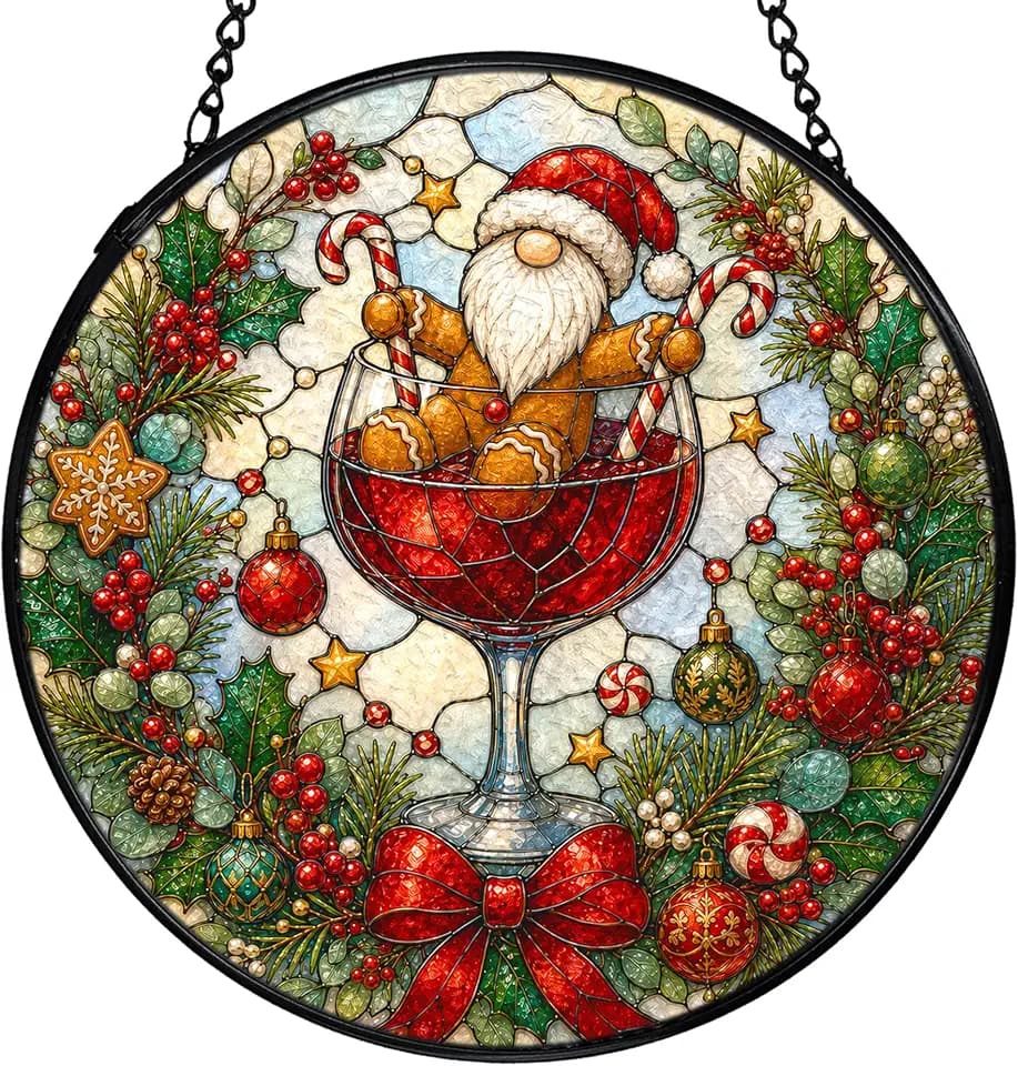 Christmas Wine Bar Stained Glass Suncatchers Wall Decor 7.8x7.8