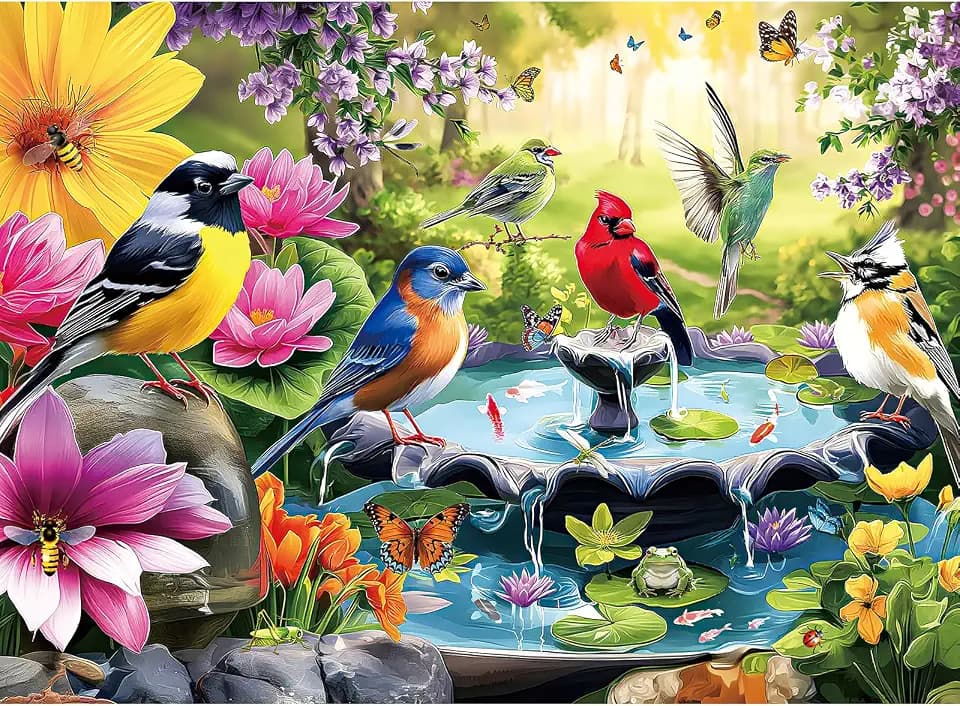 Jigsaw Puzzles 500 Pieces for Adults, Birds & Bird Bath Garden Flowers