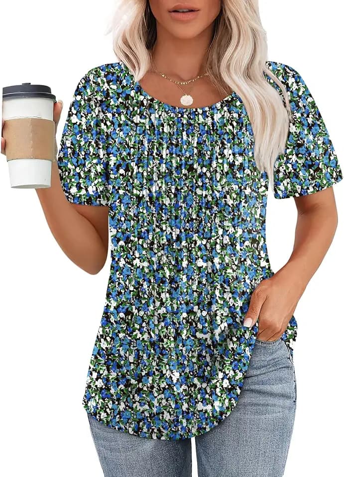 WIHOLL Tshirt Damen Kurzarm Plissee Rundhals Sommer Tops Elegant Bluse