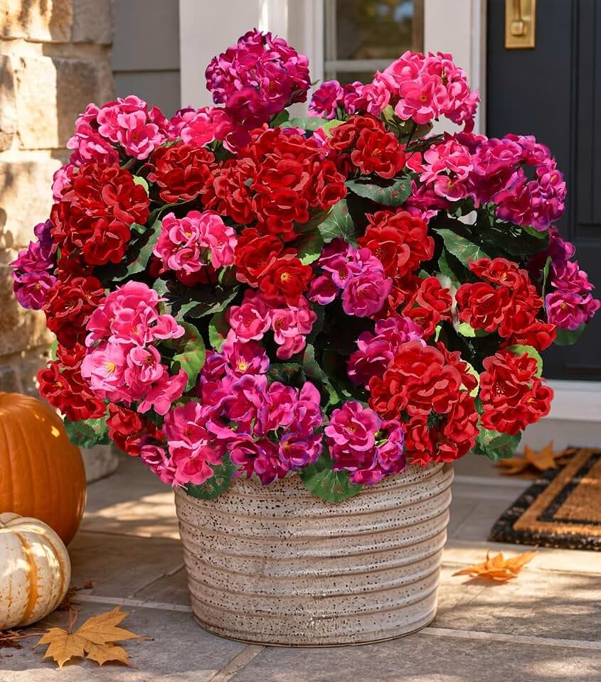 Artificial Geranium Fake Flowers for Outdoors Decoration, 6 Bundles Silk Geraniums Flower UV Resistant Look Real Faux Plants for Front Door Garden Porch Planter Patio Balcony Yard Indoor Home, Mix