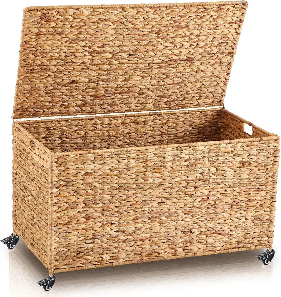 Wonderjune 36 x 20 x 18.5 Inch Rolling Storage Trunk with Wheels Woven Wicker Storage Basket with Lid Heavy Duty Blanket Toy Chest for Bedroom Closet Clothes Laundry Room Organization(Water Hyacinth)