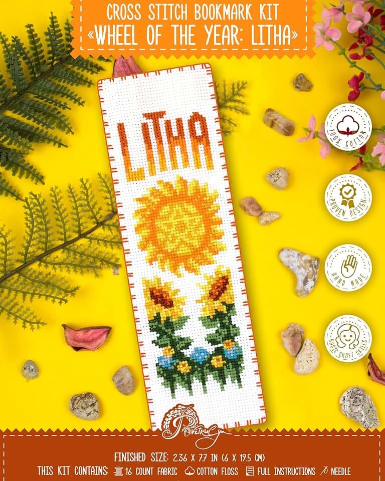 Povitrulya Cross Stitch Bookmark Kit Wheel of the Year: Litha – Counted DIY Embroidery Set for Adults & Beginners, Summer Solstice Pagan Wiccan Sun Fire Festival Gift