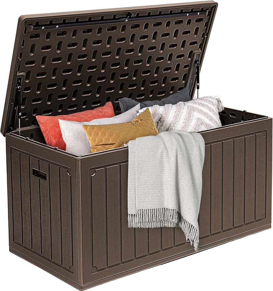 DWVO 340L Resin Aufbewahrungsbox für Außen, Doppelwandige wasserdichte Gartenbox mit Holzmaserung, Abschließbare Aufbewahrungsbox als Tisch oder Sitzbank (204 kg Belastbarkeit) – Braun