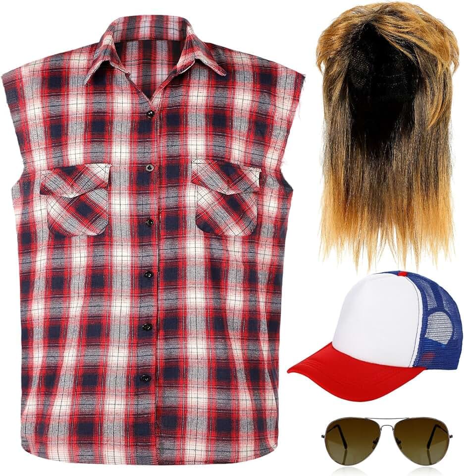 SATINIOR 80s Costume for Men Blonde Mullet Wig Men Flannel Plaid Sleeveless Plus Size Vest Metal Frame Blonde Sunglasses Hat(Red,XX-Large)
