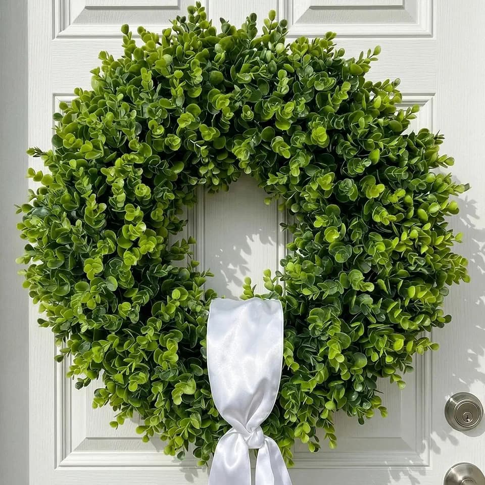 24 Inch Boxwood Wreath for Front Door, Large Green Outdoor Wreaths