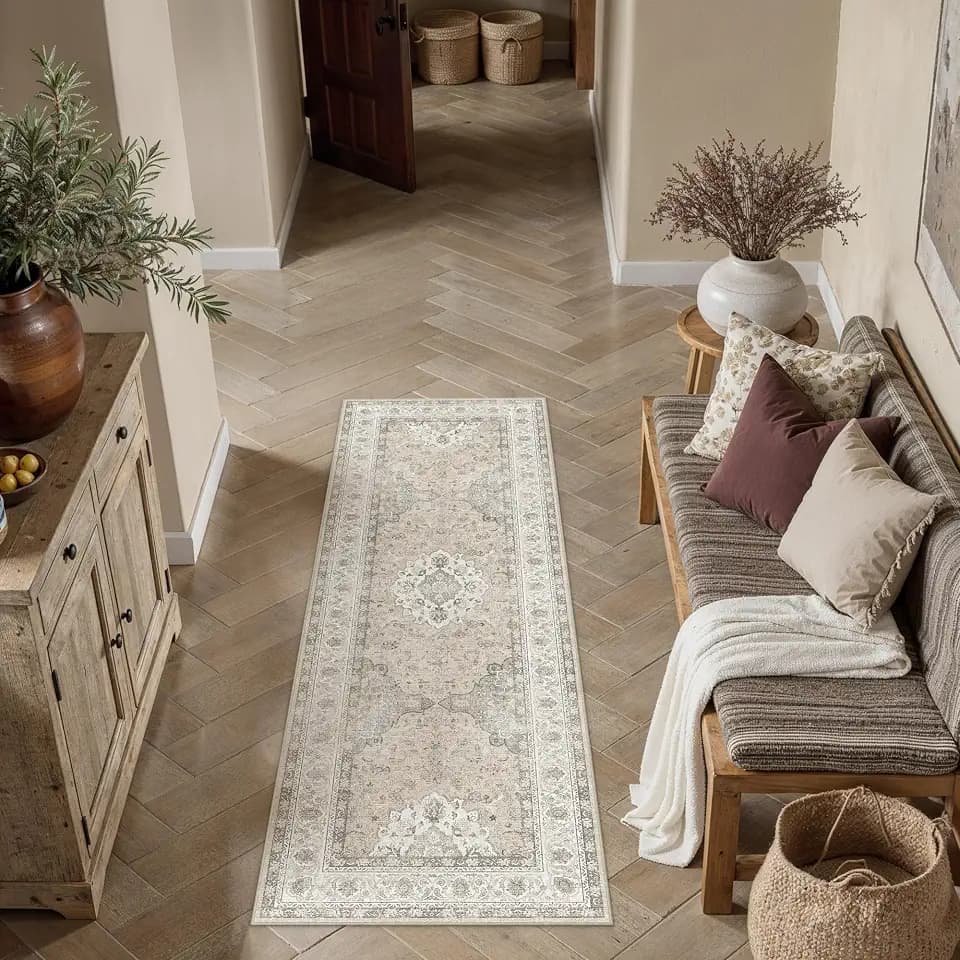 2x5 Washable Runner Rug Beige Brown Non Slip Vintage Carpet