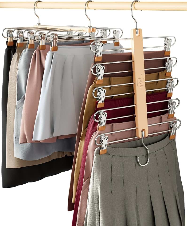 MORALVE Rockbügel Platzsparend mit Clips – 2er-Pack – 5-stufiger Kleiderbügel aus europäischem Buchenholz für Shorts, Röcke und Hosen – Kleiderschrank Organizer mit 360° drehbarem Haken