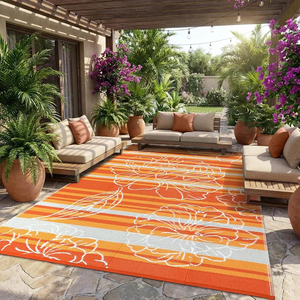 Garvee 9x12 Outdoor Waterproof Rug Reversible Straw Patio Rug Orange