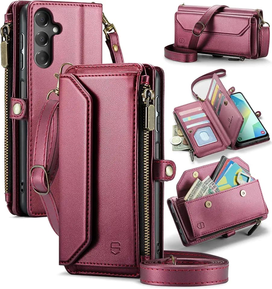 Strapurs for Samsung Galaxy A16 5G - Zipper Strap Wallet Case, Wine Red