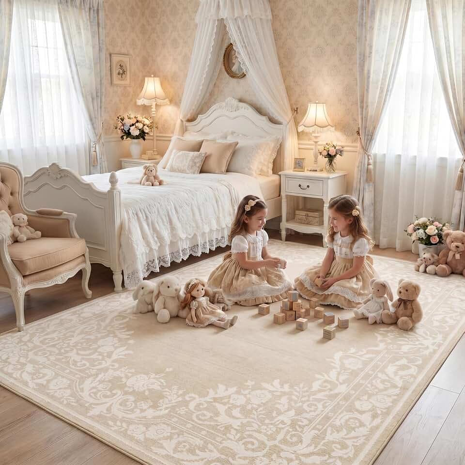 Garvee Washable 5x7 Rugs for Girls Bedroom, French Retro Non Slip Camel Rug