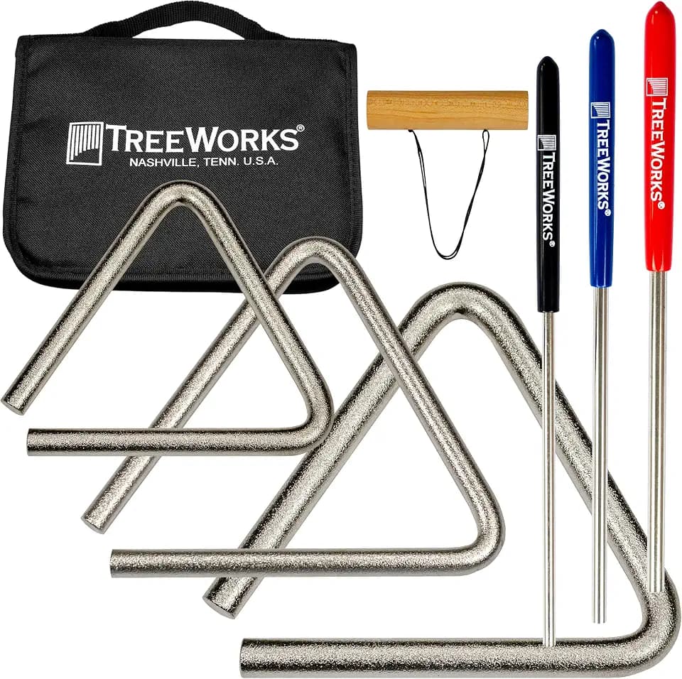 TreeWorks Chimes 6" Triangle Set with Beaters/Strikers, Bag — MADE IN U.S.A. — Professional Studio-Grade Percussion Instruments For Orchestral, Symphonic, School Band (Small/Med/Large)