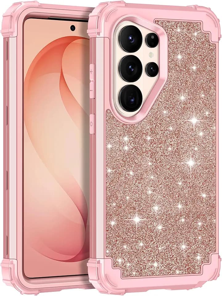 LONTECT for Galaxy S26 Ultra 5G Case Shockproof Three-Layer Heavy Duty Hybrid Sturdy High Impact Protective Cover Girls Women Glitter Case for Samsung Galaxy S26 Ultra 5G 2026,Shiny Rose Gold