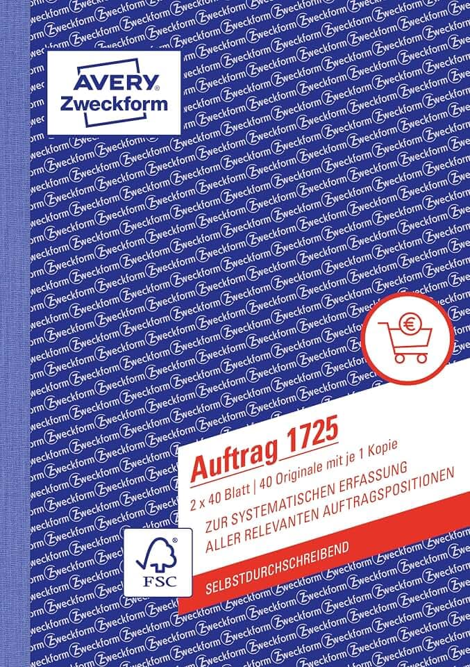 AVERY Zweckform 1725 Auftrag (A5, 2x40 Blatt, selbstdurchschreibend mit farbigem Durchschlag, zur systematischen Erfassung aller relevanten Auftragspositionen) weiß/gelb