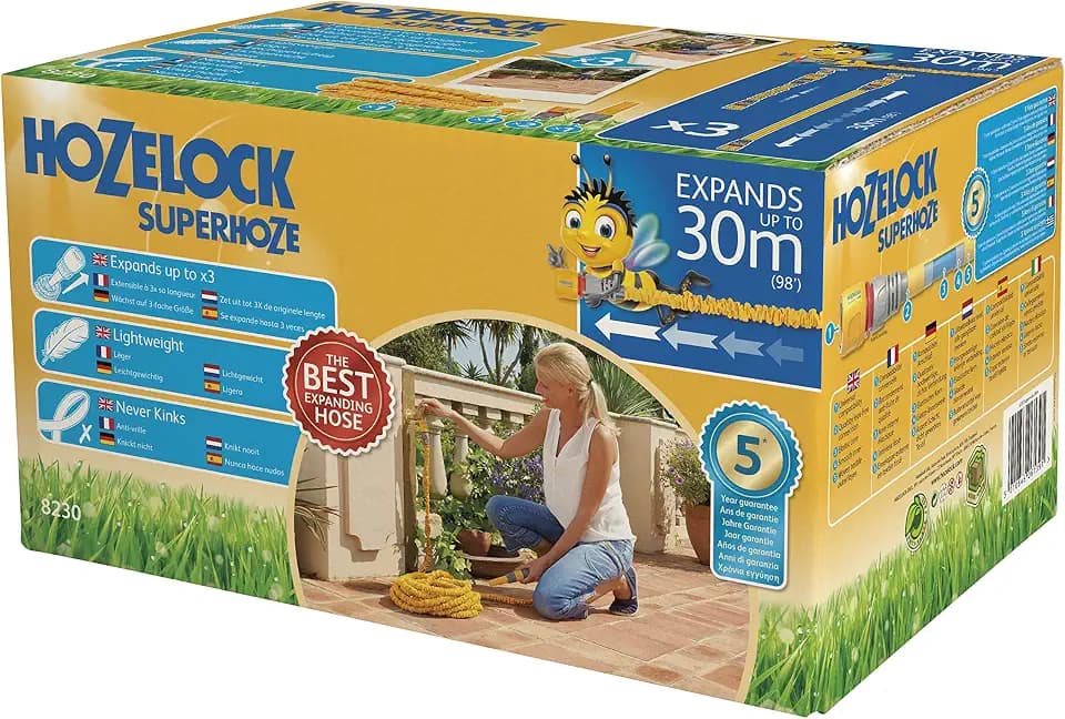 HOZELOCK - Ausdehnbarer Gartenschlauch Superhoze 30 M: Flexibler Schlauch, dehnt sich auf das 3-fache seiner ursprünglichen Länge aus, m. 2 Aquastop-Anschlüsse für eine dichte Verbindung, [8230A1240]