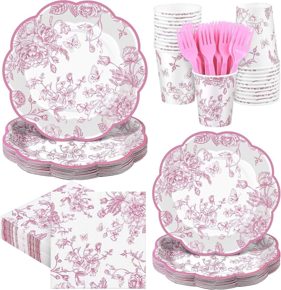Kochorie 144 Pieces Pink Floral Paper Plates and Napkins Party Supplies, Pink and White Flower Tableware Set Include Vintage Scalloped Plates Napkins Cups Forks for Wedding Birthday Tea Party