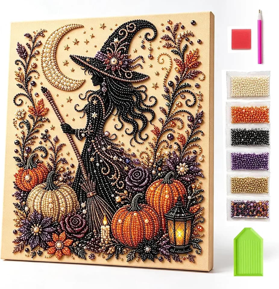 Cololily Halloween Pearl Art Kit, Diamond Art Painting Craft Kit for Adults, Eerie Witch & Pumpkin Canvas Art, DIY Fall Home Decor & Wall Art