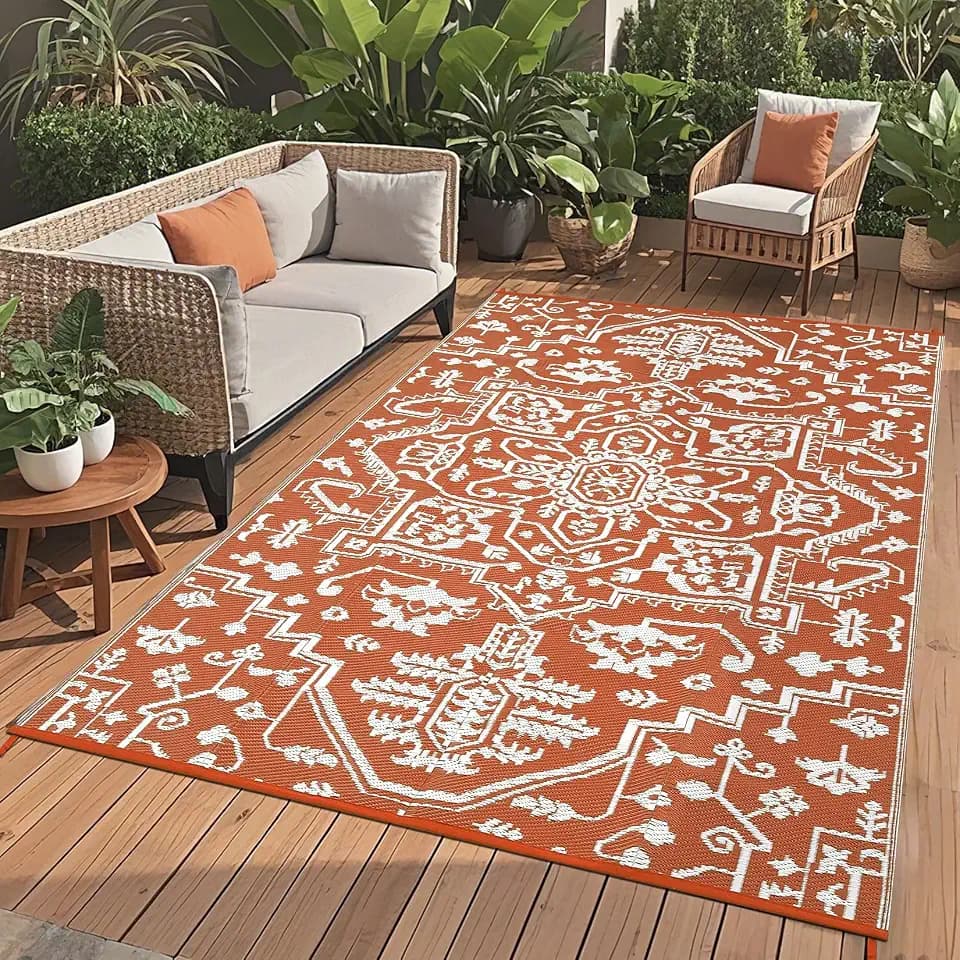 GarveeHome Outdoor Rugs 8x10 Reversible Plastic Straw Rug UV Resistant Non Shedding Camping Carpet Foldable Portable Outside Mat for RV Porch Deck Backyard Balcony Pool Side, Orange Red White