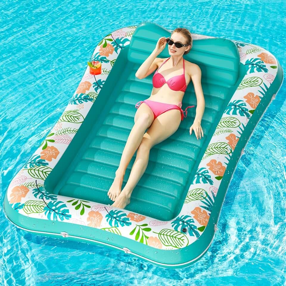 Stonful Inflatable Tanning Pool Lounger, 75" x 51", Large, Green