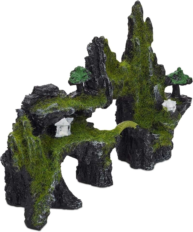 Relaxdays Aquarium Deko Felsen, Natur-Optik, japanische Dekoration, Versteck, Aquarienzubehör 17 x 23,5 cm, schwarz-grün