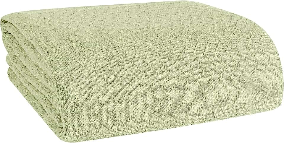 BELIZZI Home 100% Cotton Bed Blanket, Breathable Thermal Blanket Full - Queen Size, Soft Chevron Thermal Blanket 90"x90", Cotton Bed Blanket, Perfect for Layering Any Bed for All Season, Sage Green