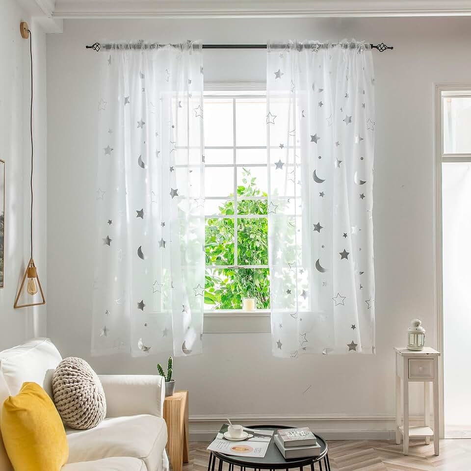Cute Star Sheer Curtains for Kids Boys Room Silver Foil Printed Moon White Curtains 84 Inch Length for Girls Bedroom Rod Pocket Space Starry Night Theme Sheer Drapes for Baby, Set 2 Panels, 52x84