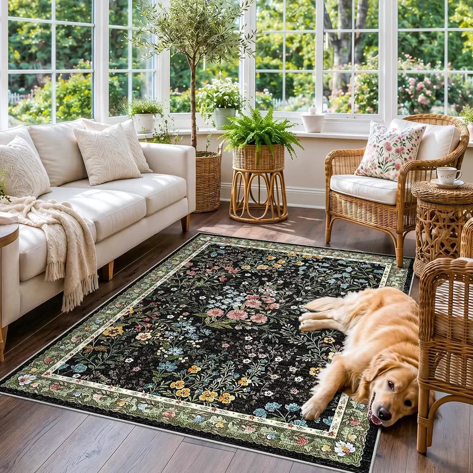 4x5 Washable Entryway Area Rug: Non Slip Floral Washable Entry Rug Living Room Area Rug for Indoor Floor Kitchen Bedroom - Soft Thin Door Mat Carpet Boho Vintage Home Decor (4'x5', Black)