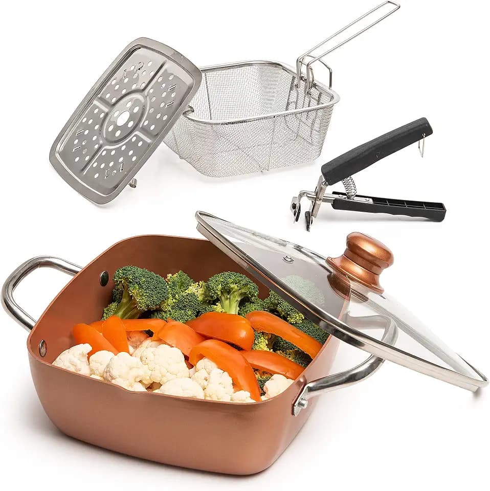 Moss & Stone 5 Pcs Deep Fry Pan Set with Fry Basket, 5 Qt Copper Pan