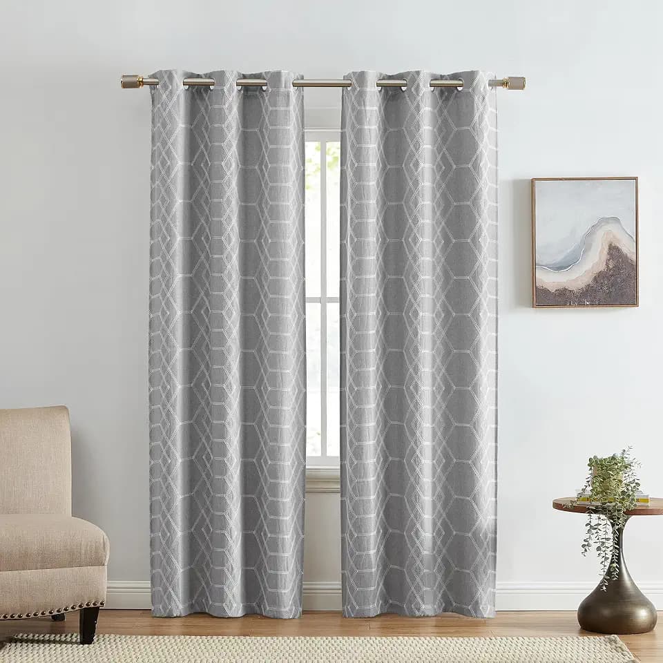 Threadmade Kendal Geometric Embroidered Blackout Window Curtain Panel, Set of 2, Gray - 37" W x 63" L