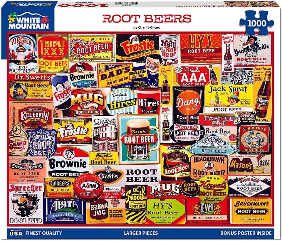 White Mountain 1000 Piece Jigsaw Puzzle Nostalgic Drink Collage Puzzles with Large Pieces, Gift for Adults and Family 24"x30" - Root Beers