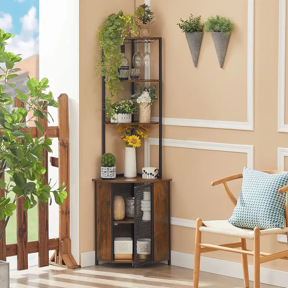 VECELO Corner Cabinet, Tall Storage Shelf, Bookshelf Display Shelves Rack for Living Room, Kitchen, Balcony, Small Space