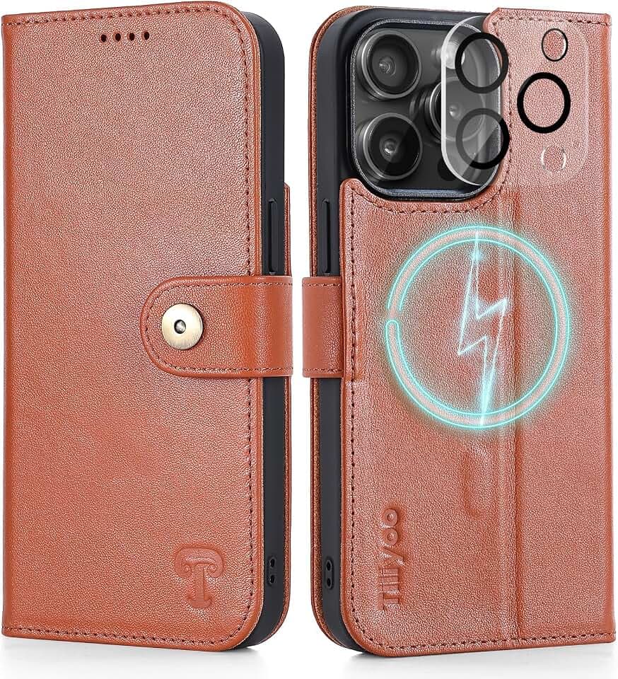 Magsafe Lederhülle für iPhone 15 Pro Max, hochwertiges Rindsleder, Folio-Klapphülle mit Kartenfächern, Knopfverschluss, Magnetverschluss und Ständer, 17,5 cm (6,7 Zoll), Braun