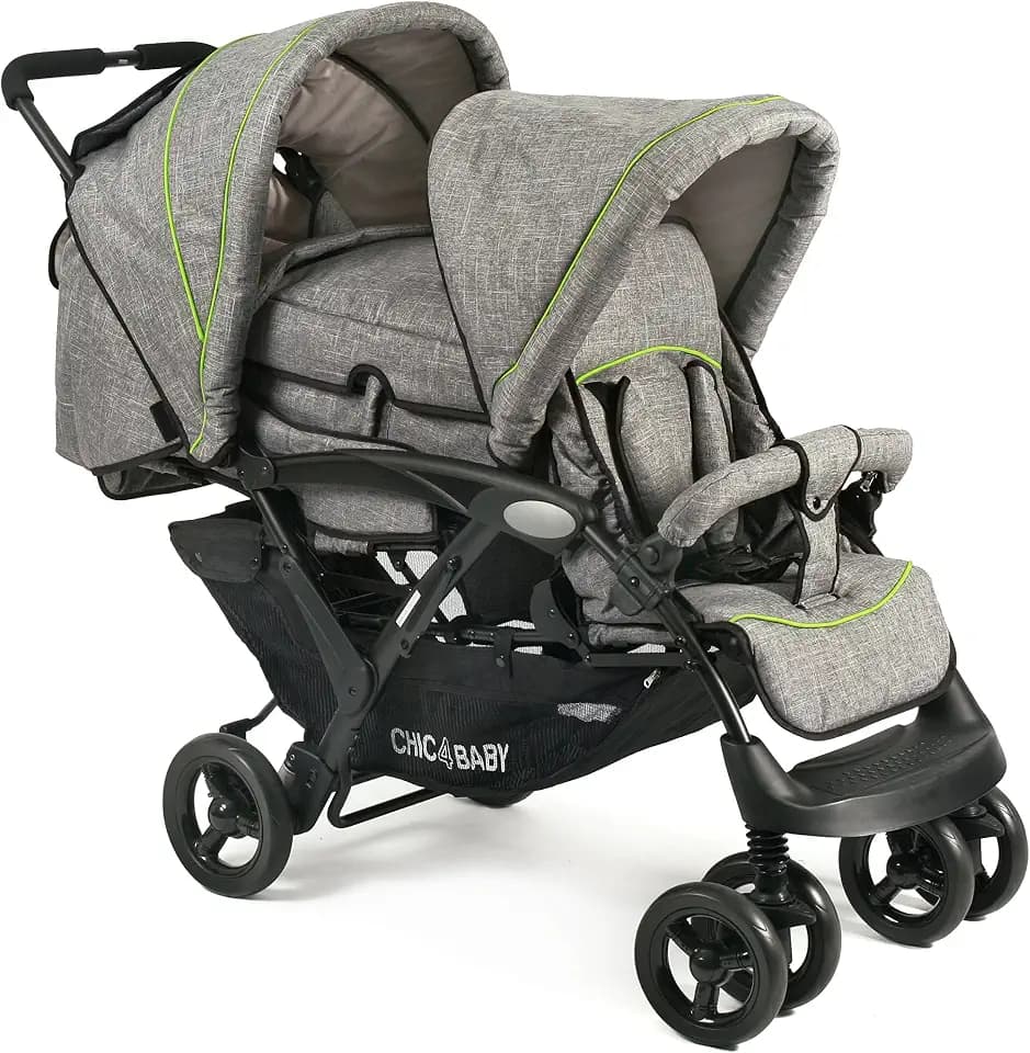 CHIC 4 BABY - Geschwisterwagen DUO mit Tragetasche und Regenschutz, Geschwisterkinderwagen für zwei Kinder, Zwillingswagen, Zwillingsbuggy, Tandemkinderwagen, Tandembuggy, Kinderwagen, Jeans grau