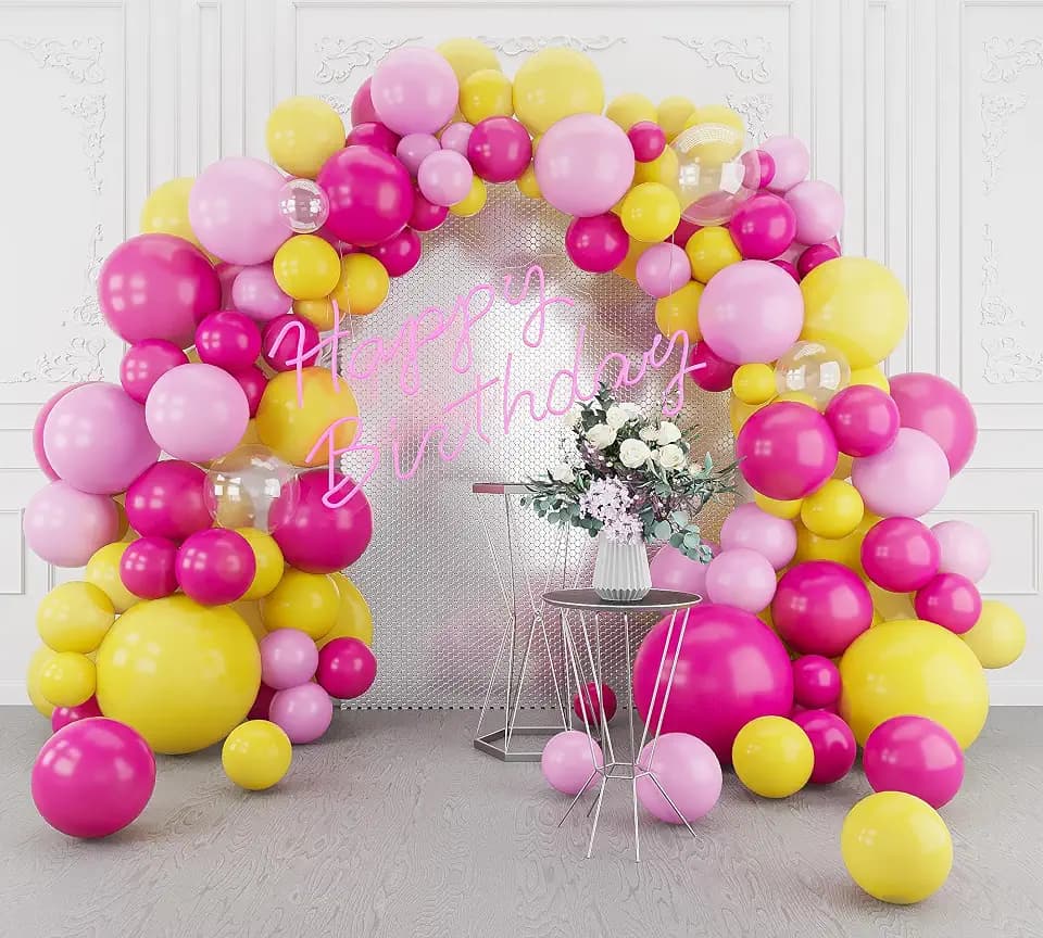 Hot Pink Yellow Balloons Arch Garland Kit-123Pcs Pink Yellow Balloon Garland for Birthday Anniversary Baby Shower Engagement Wedding Retirement Party Decoration