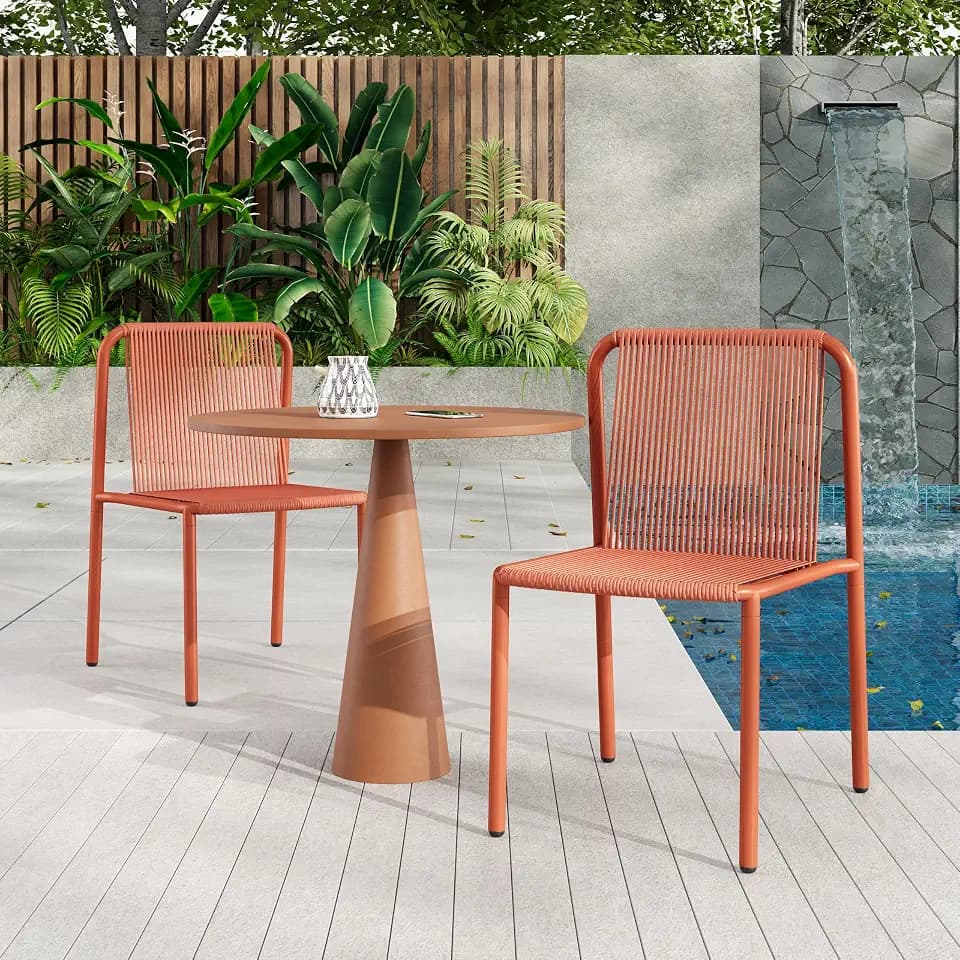 Christopher Knight Home Set of 2 Burgess Minimalist Patio Wicker Stacking Dining Chairs, Outdoor PE Rattan Accent Armless Chair, Sturdy Metal Frame Garden/Porch/Backyard Stackable Side Chair, Orange