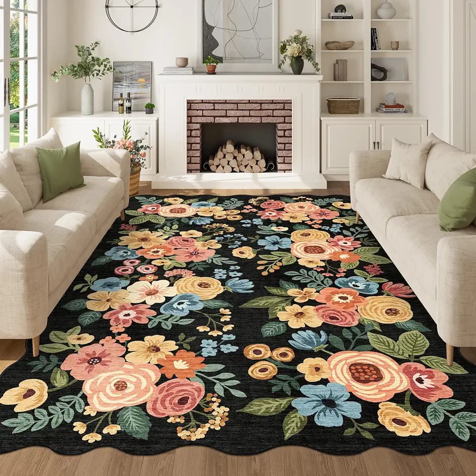 DUKINO 6x9 Area Rugs, Floral Washable Rug for Living Room Non Slip, Black