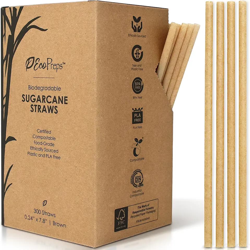 EcoPreps Biodegradable Sugarcane Disposable Straws, Plastic-Free, 300 Count