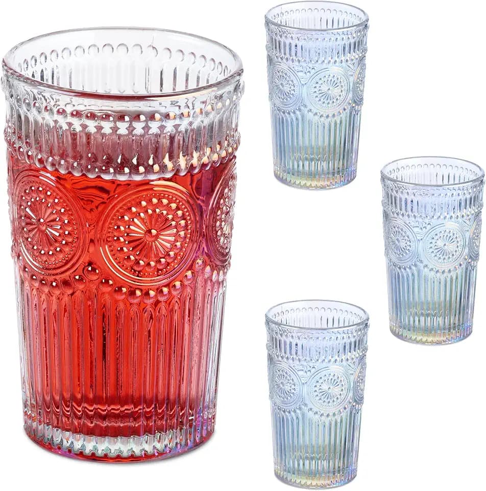 Relaxdays Trinkgläser 4er Set, Wassergläser, Vintage-Design, spülmaschinenfest, Saft, Limo, Eistee, 360 ml, Farbwahl