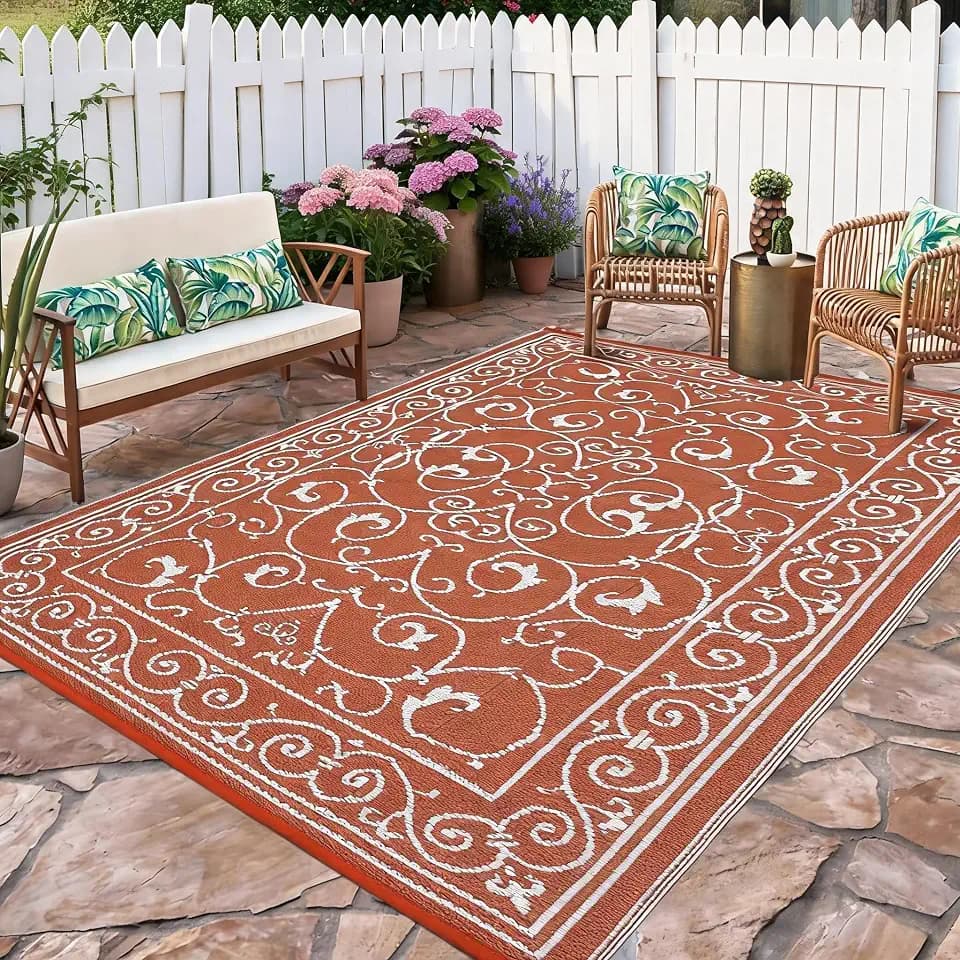 Waterproof Plastic Straw Outdoor Rug 9x18 Patio Reversible UV Resistant Foldable Camping Carpet Vintage Large Outdoor Rugs for Deck, Picnic, Porch, Camper, Balcony, Beach，Orange