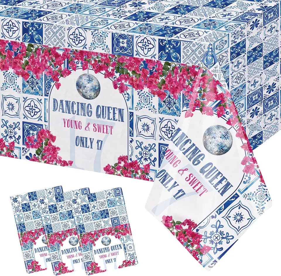 3Pcs Dancing Queen Tablecloth, Young and Sweet Only 17 Birthday Decoration