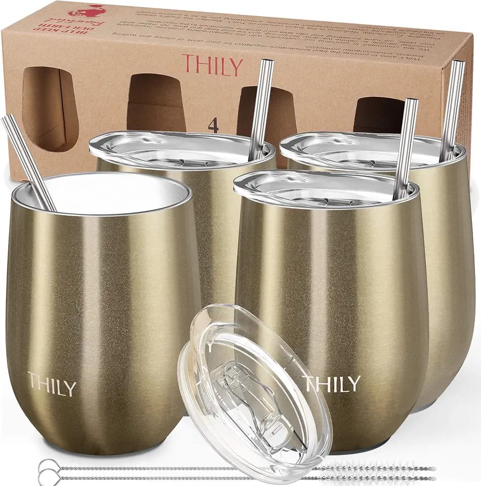 THILY Thermo-Weingläser, Edelstahl, 4 Stück, ohne Stiel, mit Deckel und Strohhalm, wiederverwendbar, BPA-frei, niedlicher Reisebecher für Kaffee, Cocktails, Urlaub und Geschenk, Champagner