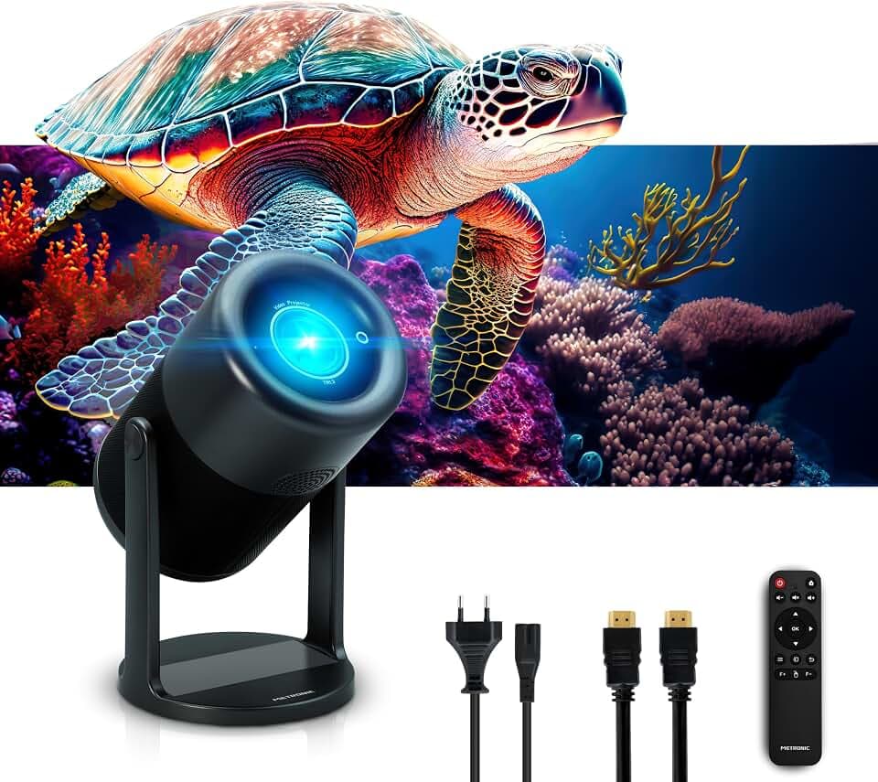 METRONIC 475350 Tragbarer Beamer, WiFi, Bluetooth, integrierter Lautsprecher für Videospiele, Filme, Präsentation, leistungsstarke Projektion bis zu 5 m, mit Fernbedienung – Schwarz
