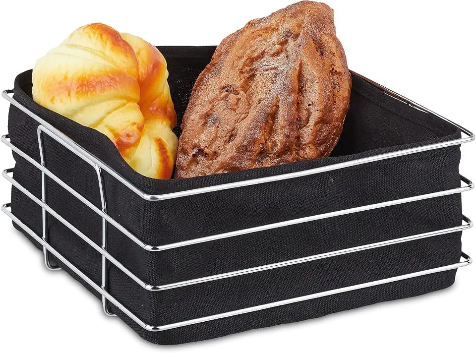 Relaxdays Brotkorb Metall, mit Stoffeinsatz, moderner Brötchenkorb, schwarz