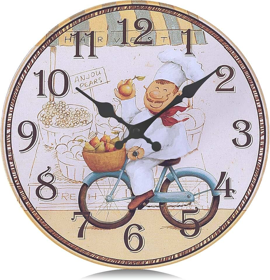 Lafocuse 30cm Küche Wanduhr Holz Lautlos, Vintage Küchenuhr Gelb Ohne Tickgeräusche, Antik Nostalgie Rustikale Retro Deko für Esszimmer Restaurant Wohnzimmer