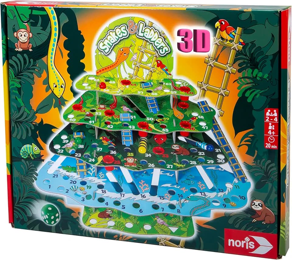 noris Snakes & Ladders Jungle – 3D-Leiterspiel mit 4 Ebenen, Leitern zum Aufsteigen, Röhren als Kugelbahnen, Würfelspiel für Kinder, Murmelspiel ab 4 Jahren