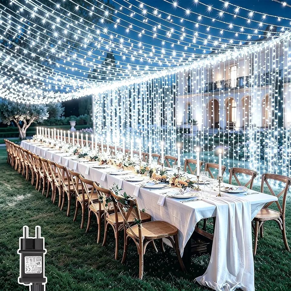 6M x 3M 600 LED Lichtervorhang Aussen mit Stecker, Kaltweiß