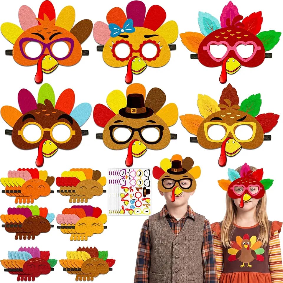 30PCS Thanksgiving Crafts in Bulk: Felt Turkey Masks DIY Arts Kit, Fall Party Favors Activities Supplies